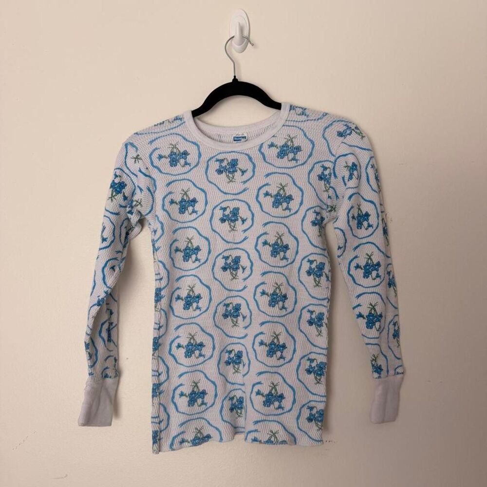 VINTAGE Healthknit white blue floral thermal long sleeve top, Kids Size S (36-38